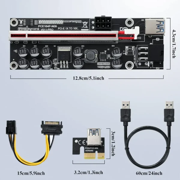 PCI-E 1X to 16X Riser Card, GPU Extender Riser Card - for Bitcoin Ethereum Mining ETH (VER009S,6 Pack) with 0.6 m USB 3.0 Extension Cable & 6PIN SATA Power Cable