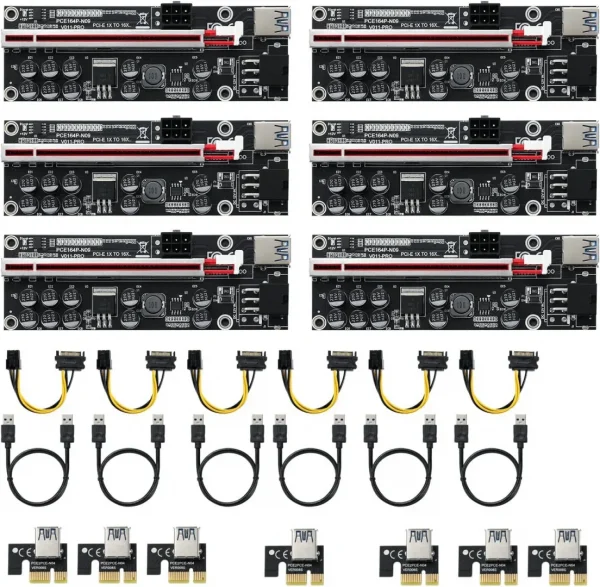 PCI-E 1X to 16X Riser Card, GPU Extender Riser Card - for Bitcoin Ethereum Mining ETH (VER009S,6 Pack) with 0.6 m USB 3.0 Extension Cable & 6PIN SATA Power Cable