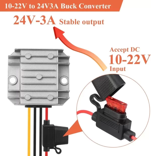 Convertitore CC/CC da 10-22V a 24V, convertitore di tensione CC/CC da 10V/12V/22V a 24V3A 72W MAX Trasformatore di potenza per autoveicoli, luci LED, camion, strumenti e altro.