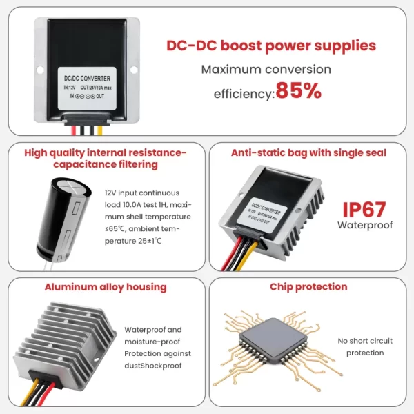 DC/DC 12V Boost to 24V10A MAX, 12V Step-up to 24V Voltage Converter with Quick-Connect Cable, DC/DC Converter, Current Adapter, Coltage Regulator, Voltage Booster, Transformer with fuses