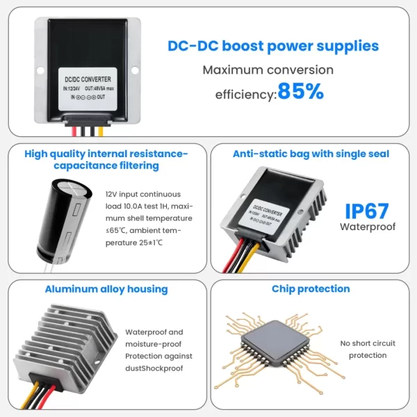 DC 12V Boost to 48V 5A Converter, 12V to 48V DC/DC Step-up Controller with Terminal Block, Waterproof Transformer for Automotive