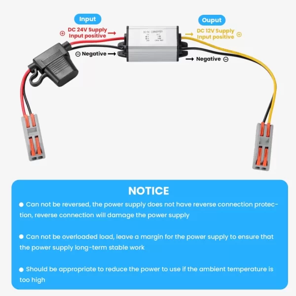 DC/DC 24V to 12V 5A Voltage Converter, DC Converter 24V to 12V Step-Down Converter, Buck Regulator Power Transforme with Waterproof Fuse and Clamps for Cars, Trucks, Instrumentation