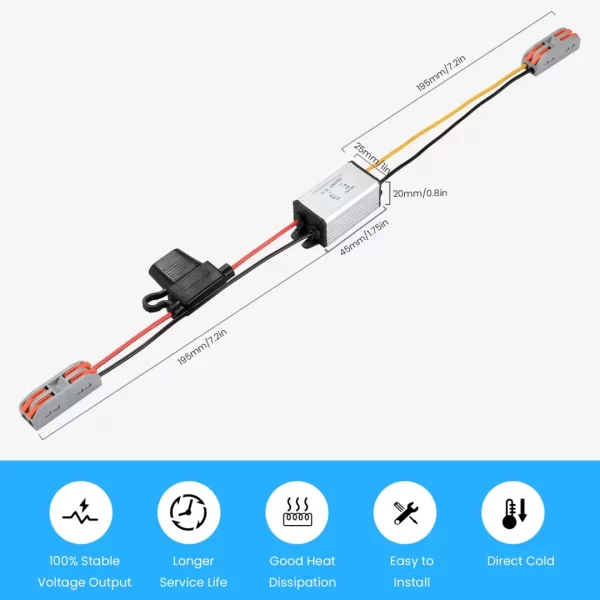 DC/DC 24V to 12V 5A Voltage Converter, DC Converter 24V to 12V Step-Down Converter, Buck Regulator Power Transforme with Waterproof Fuse and Clamps for Cars, Trucks, Instrumentation